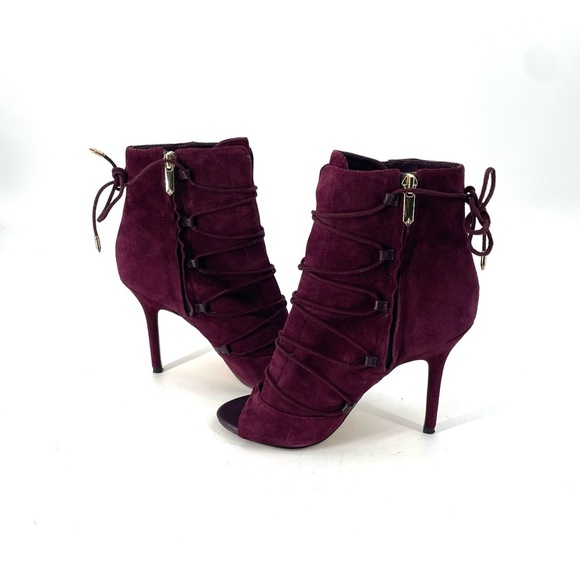Sam Edelman Asher Suede Merlot Open Toe Lace Up Side Zip Stiletto Ankle Bootie - Picture 4 of 8